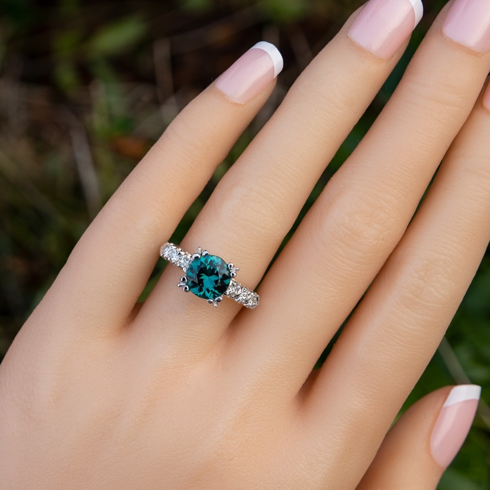 One Of A Kind Cluster Blue Green Oval Sapphire Engagement Ring with Pear Indicolite  Tourmaline