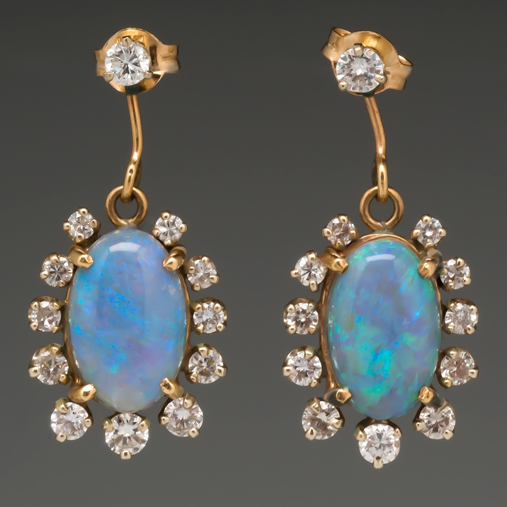 Antique Opal & Diamond Dangle Earrings 14K Gold