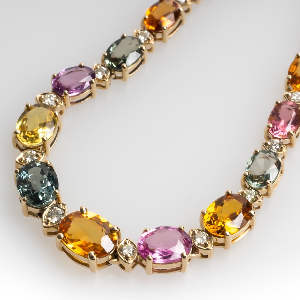 Natural Rainbow Sapphire & Diamond Necklace 14K Gold