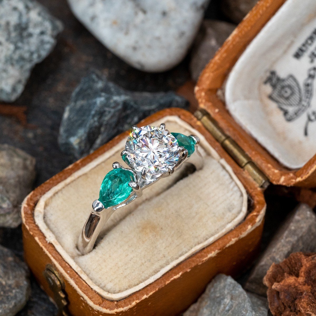 1.38CT F/SI1 Round Brilliant Diamond Engagement Ring w/ Emerald Accents