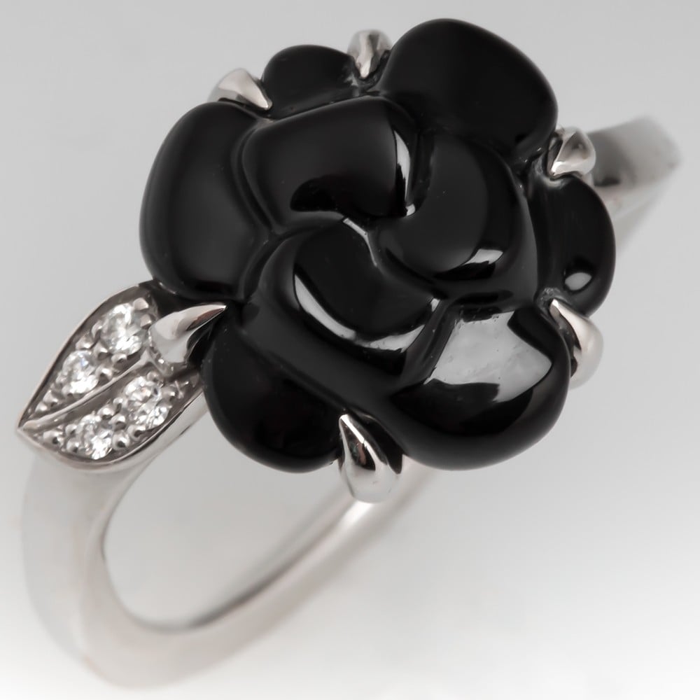 Chanel Camelia Flower Black Onyx & Diamond Ring 18K White Gold
