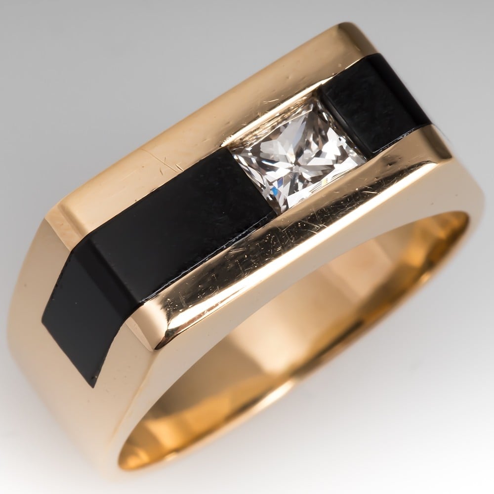 14K Yellow Gold Diamond and Onyx Inlay RIng