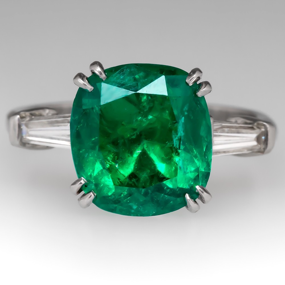 Magnificent 4.9 Carat Emerald Ring w/ Tapered Baguette Diamonds