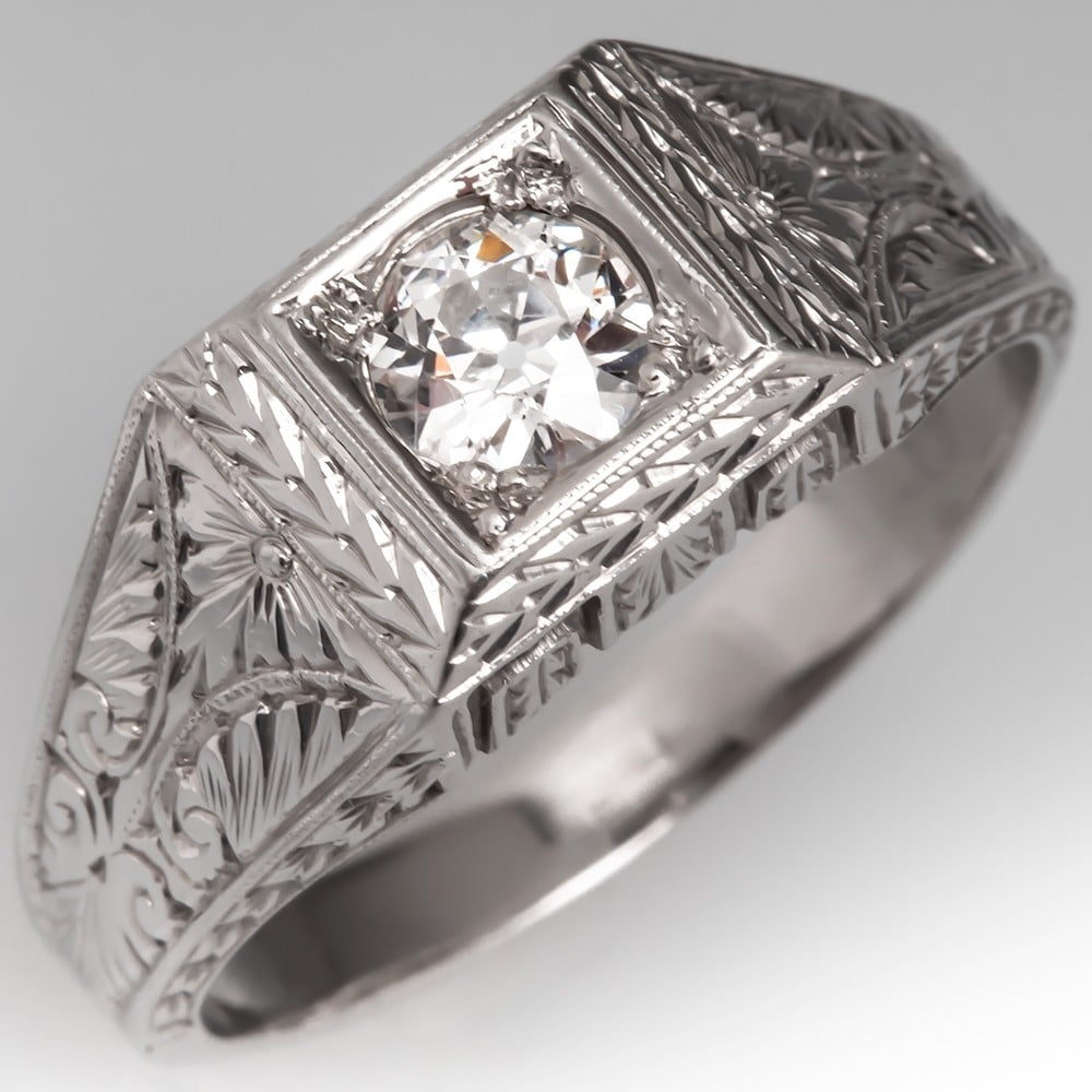 Old Euro Diamond Art Deco Mens Ring Engraved 18K White Gold
