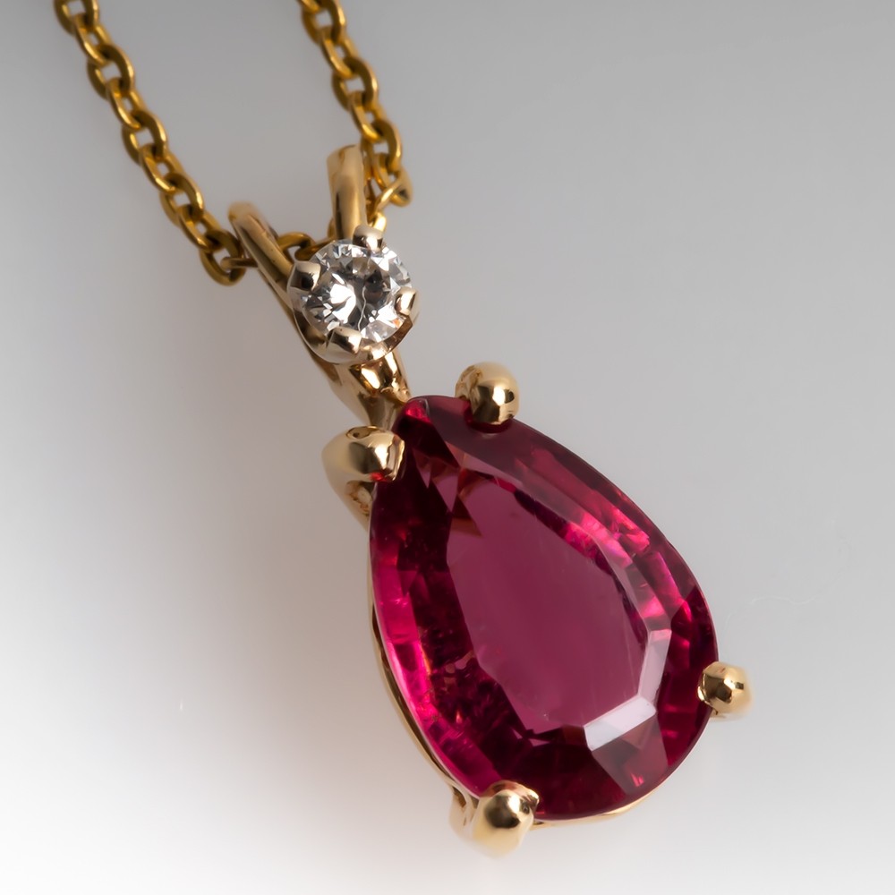 Pear Cut Pink Tourmaline & Diamond Pendant Necklace 14K Gold
