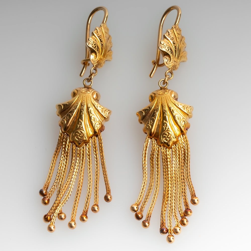 18kt Yellow Gold Victorian Emerald and Pearl Drop Earrings - Bijoux Jewels