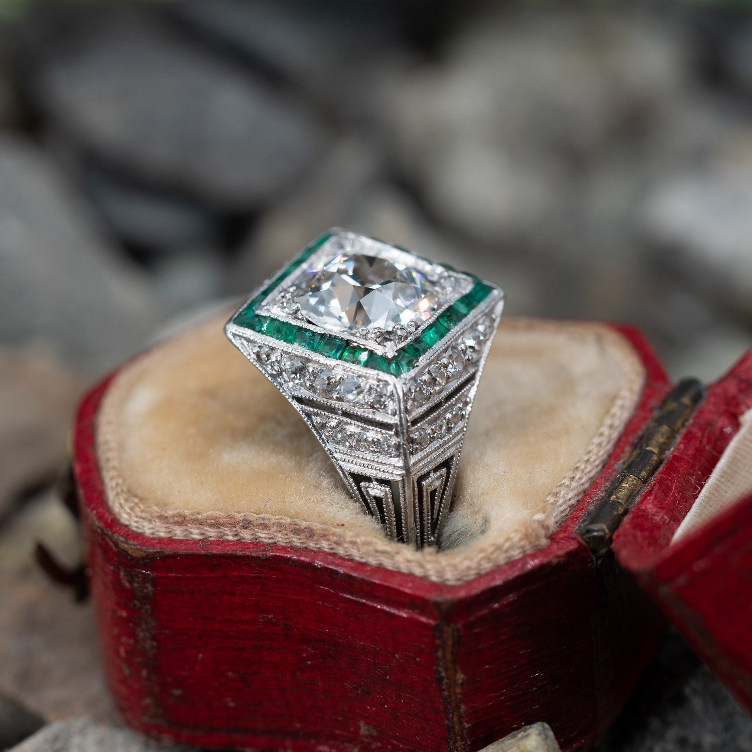 1920'S Art Deco Engagement Ring Old Euro Diamond W/ Emerald Halo