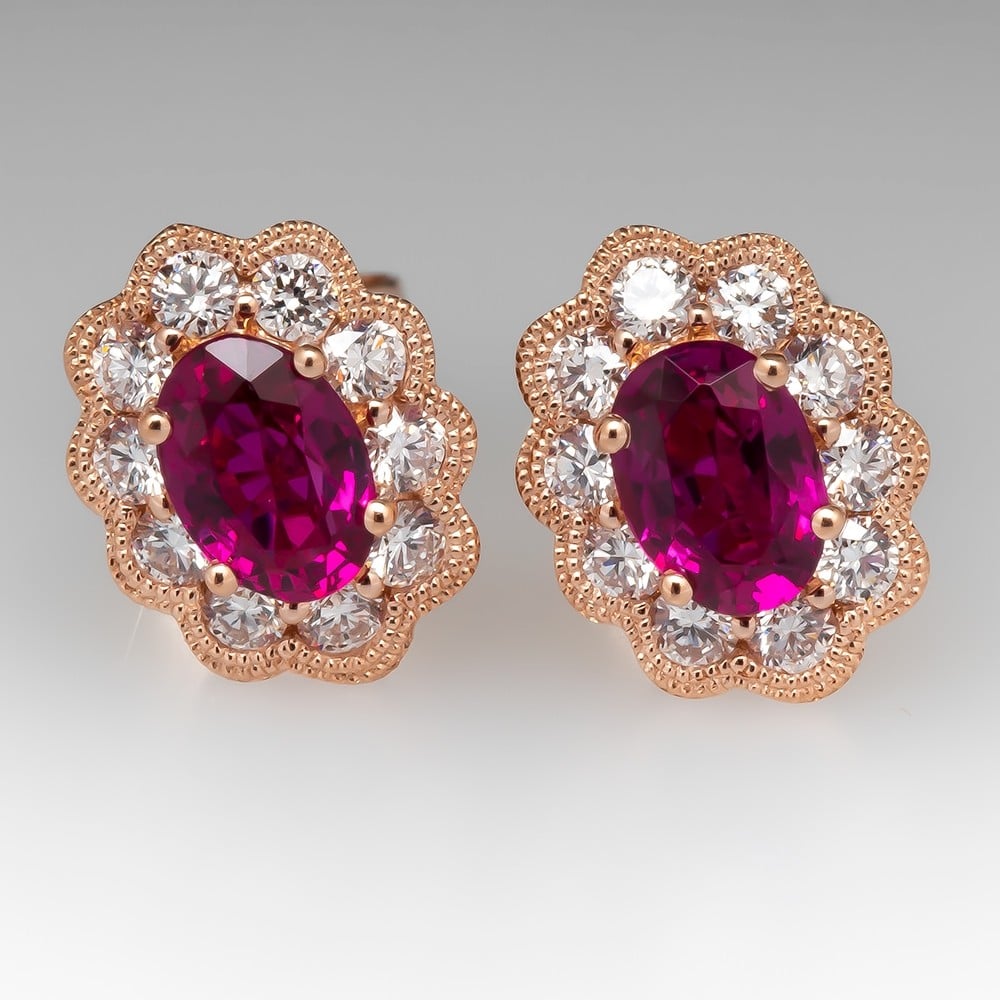 14K Rose Gold Ruby & Diamond Halo Stud Earrings