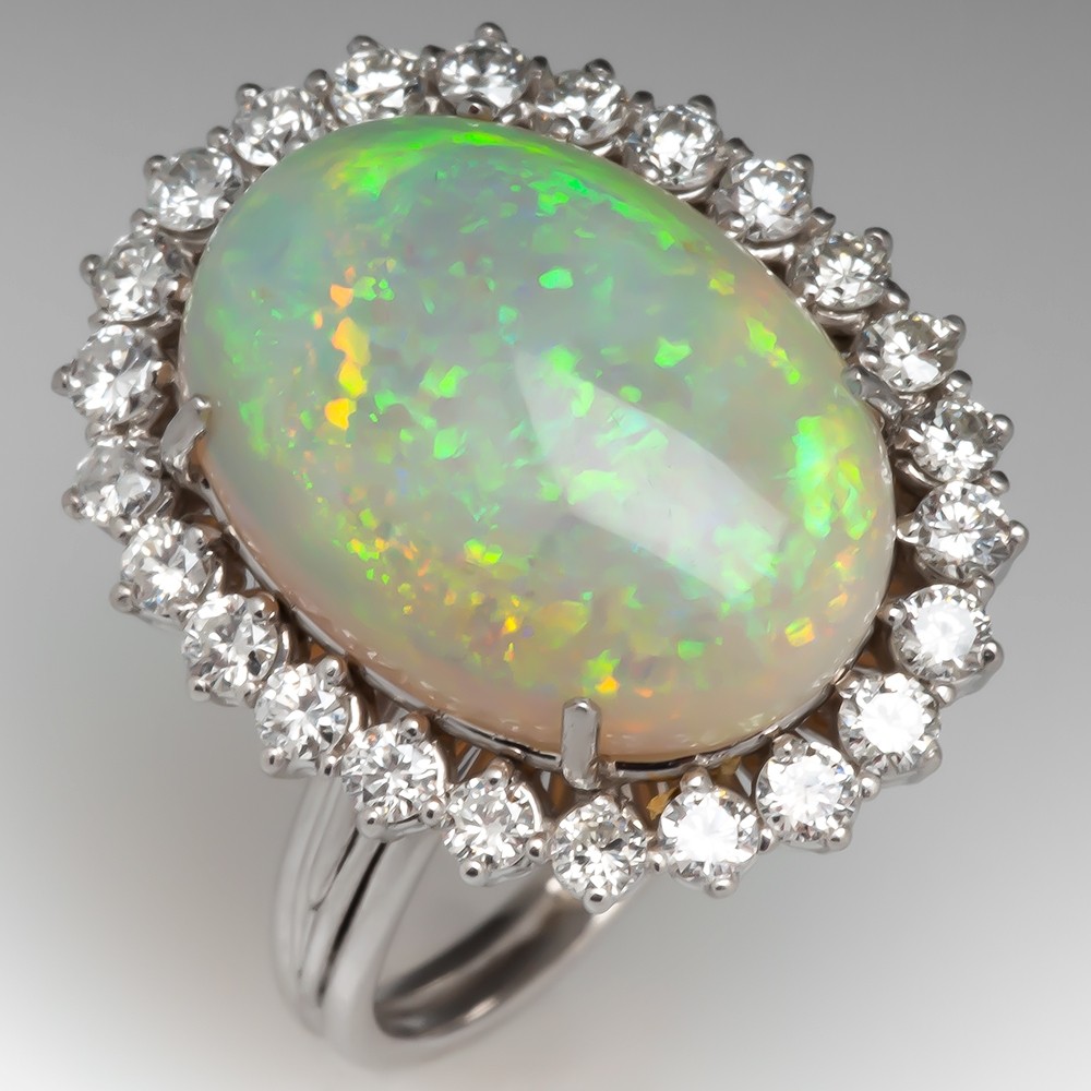 Large Opal Cocktail Ring w/ Diamond Halo 14K White Gold