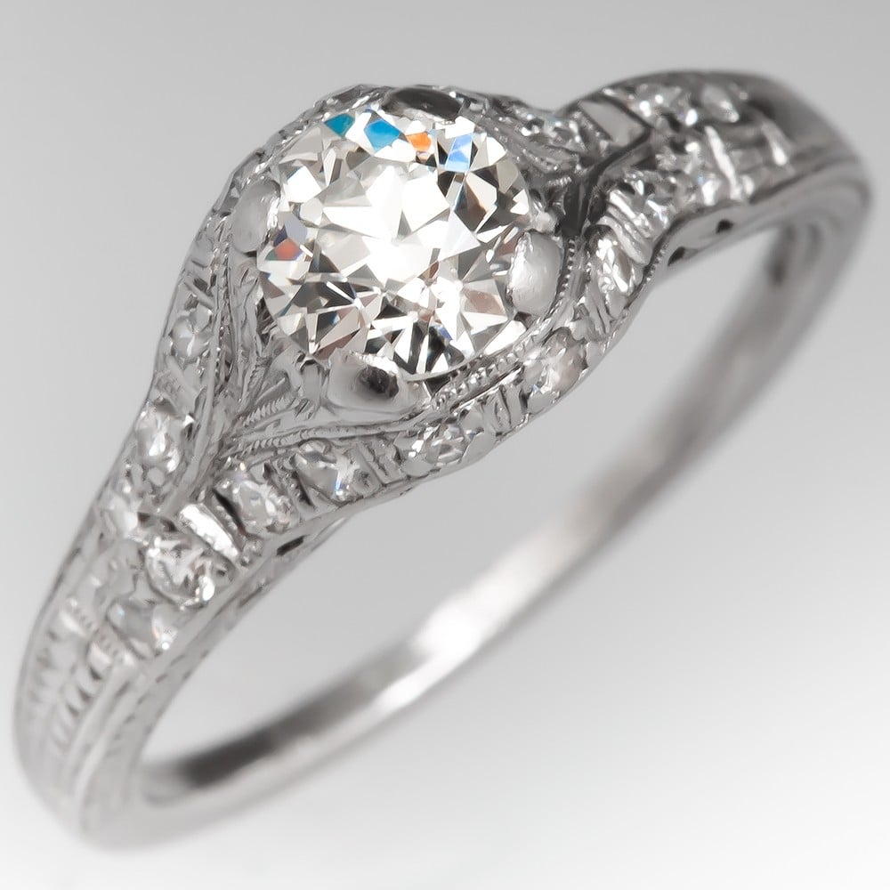 Vintage Art Deco Platinum Diamond Engagement Ring and Wedding Band Set -  Pebble & Polish