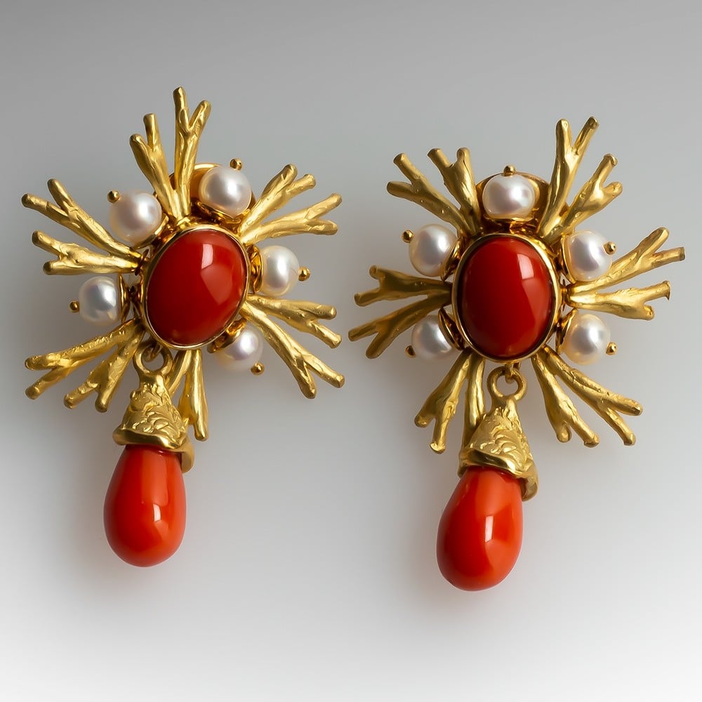 Denoir Brazil Red Coral & Pearl Earrings 18K Gold
