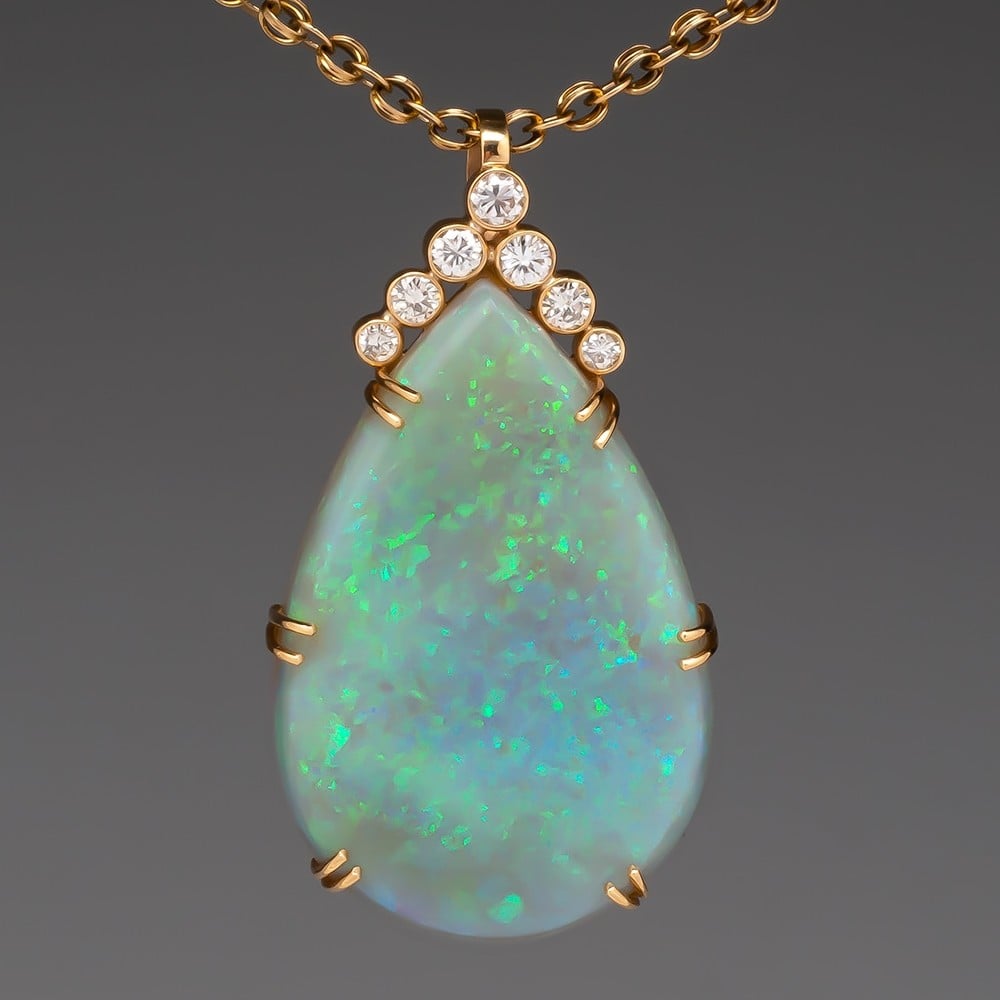 Massive Opal & Diamond Pendant Necklace 14K Gold