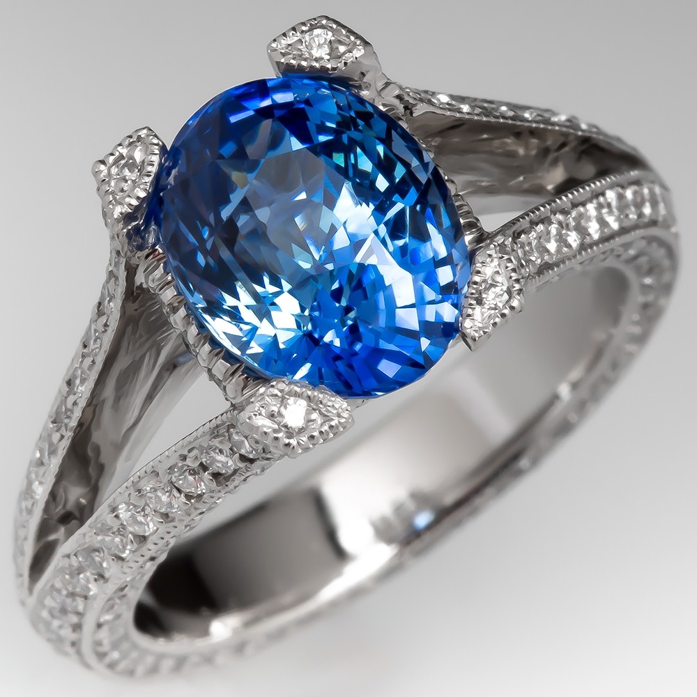 3.4CT No Heat Icy Blue Sapphire & Diamond Ring Platinum Split Shank