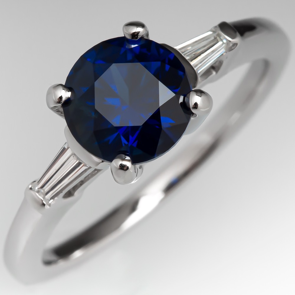 Dark Vivid Blue No Heat Blue Sapphire Ring w/ Tapered Baguette Diamonds ...