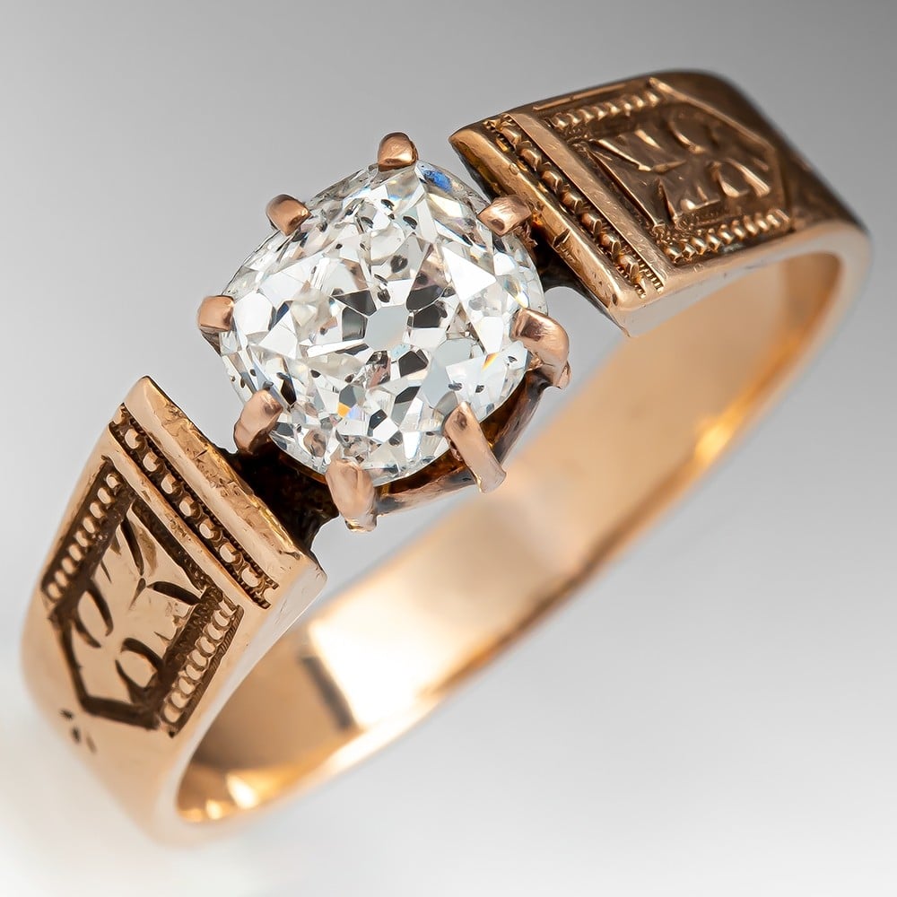 Late Victorian Old Mine Cut Diamond Engraved Yellow Gold Ring 1.23ct K ...