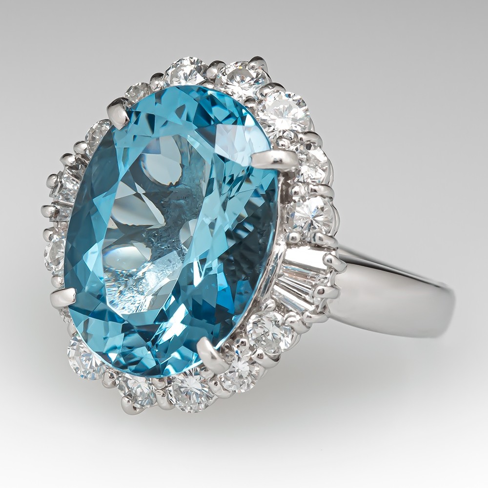 Light Aquamarine Blue Engagement Ring Emerald Cut Three Stone