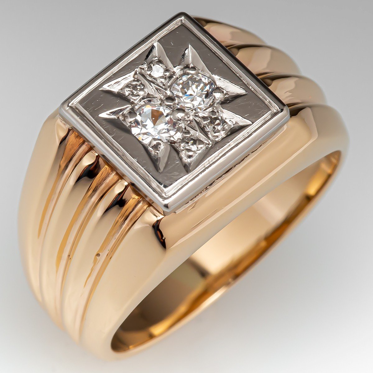 Circa 1940's Mens Vintage Pinky Ring w/ Transitional Cut Diamonds 14K Gold