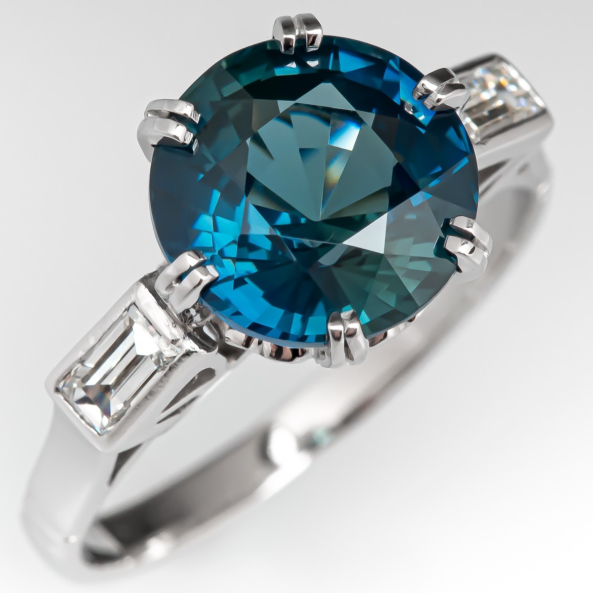4 Carat Teal Sapphire Engagement Ring w/ Baguette Accents