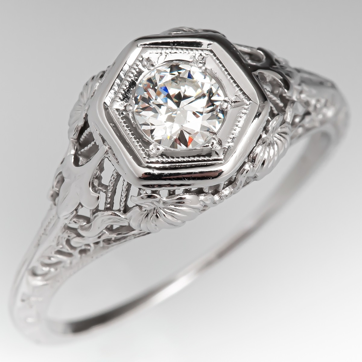 Transitional Cut Diamond Vintage Engagement Ring 18K White Gold