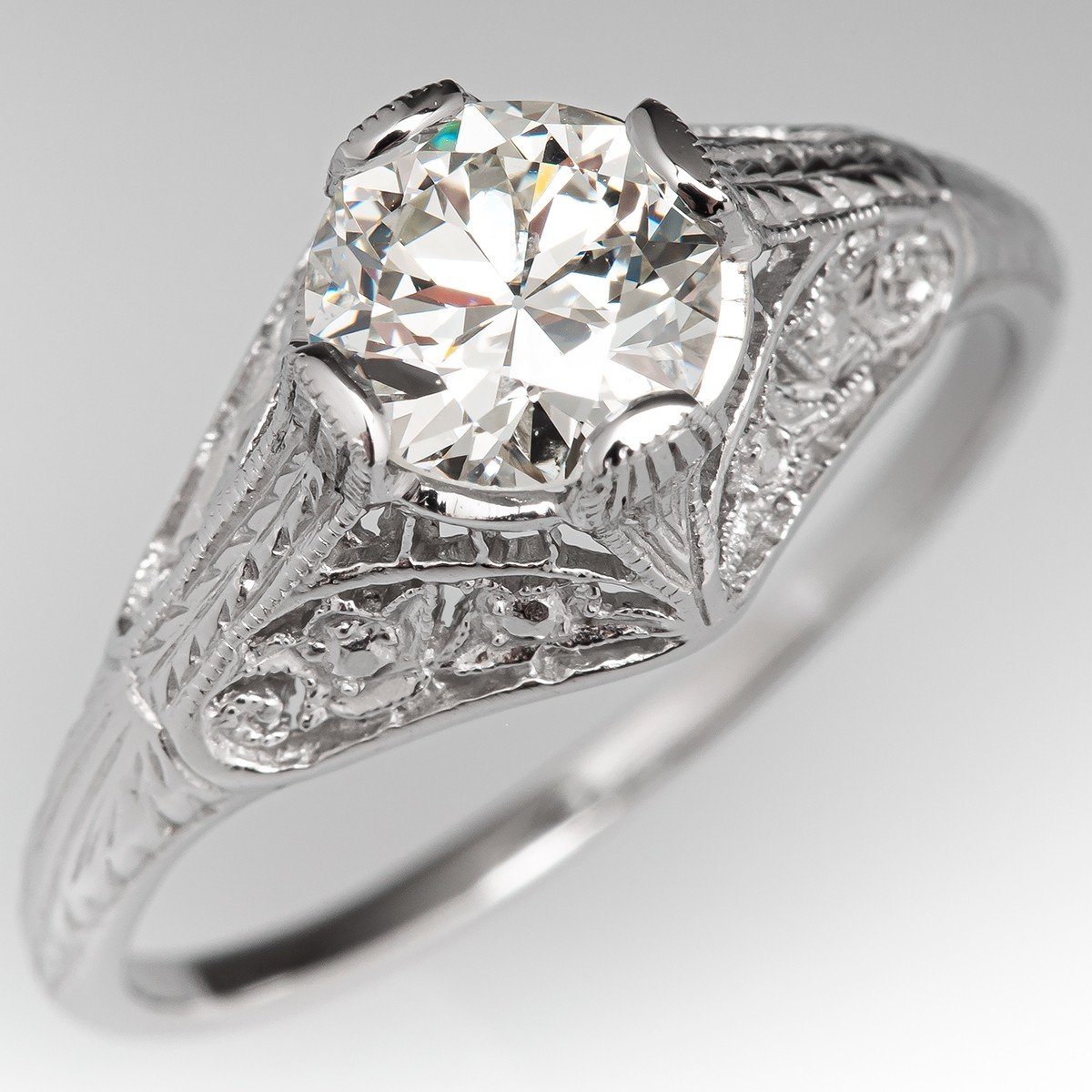 1920's Diamond Antique Filigree Engagement Ring Platinum 1.19ct J/I1 GIA