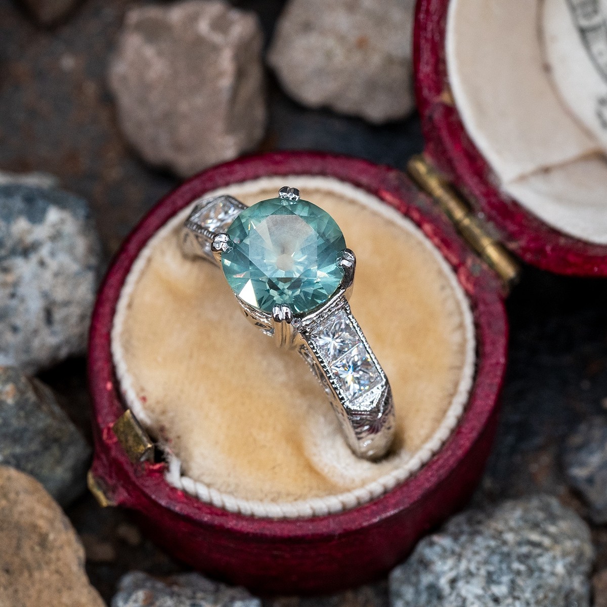 2 Carat No Heat Montana Sapphire Engagement Ring Engraved Platinum