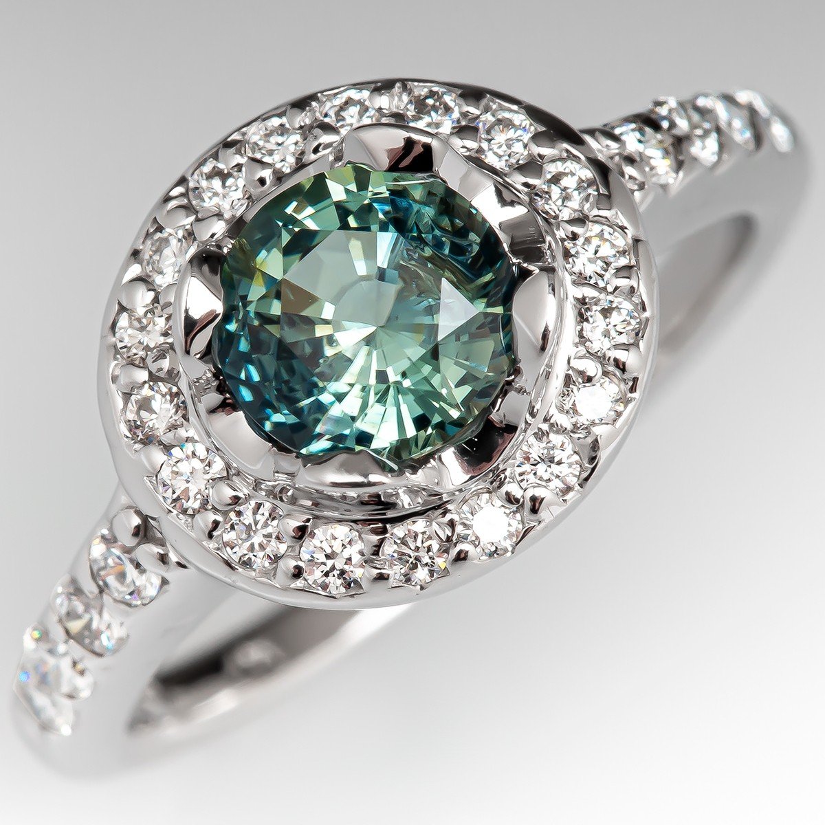 1 Carat No Heat Blue-Green Sapphire Engagement Ring w/ Diamond Halo 14K