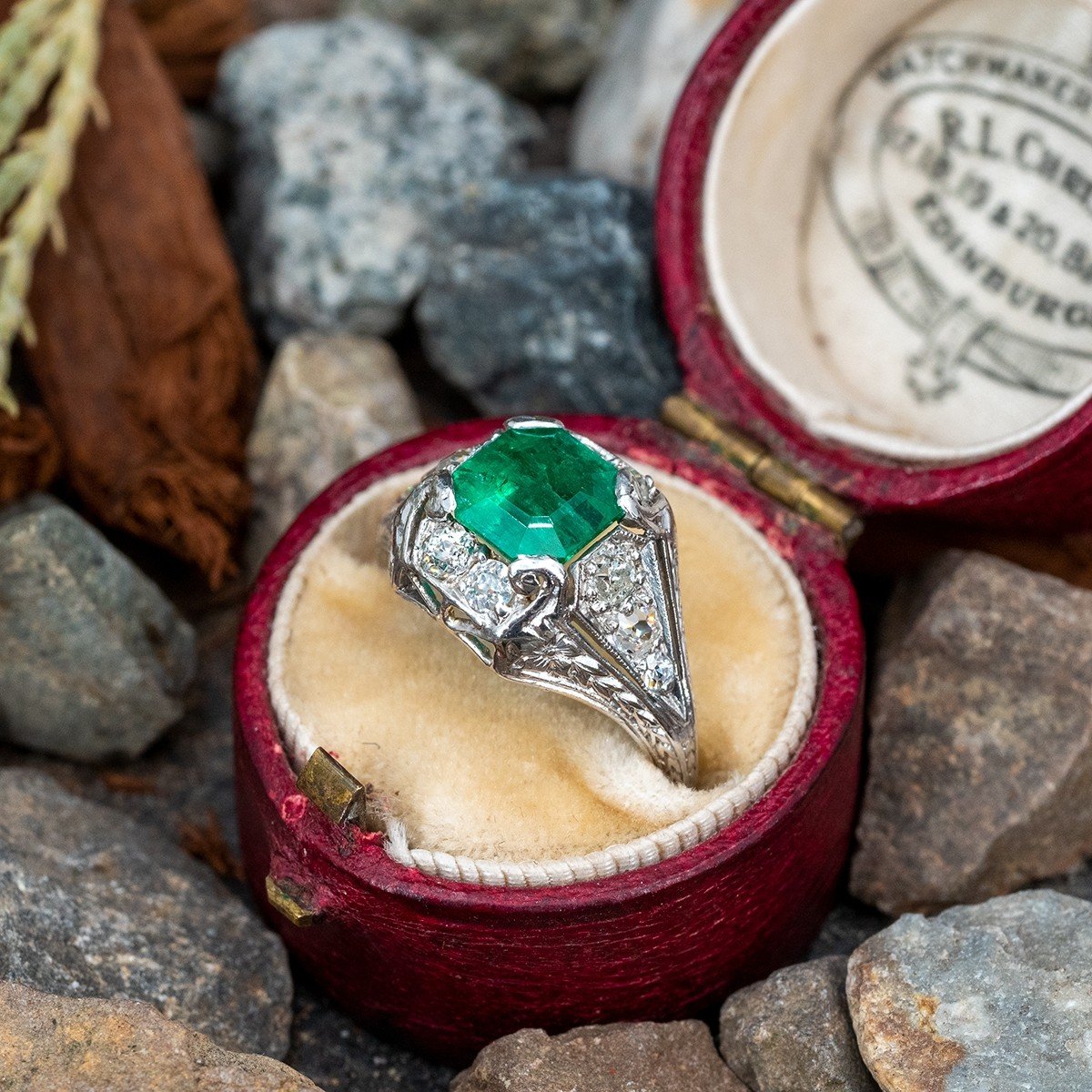 Art Deco Emerald Ring W/ Diamond Accents In Platinum