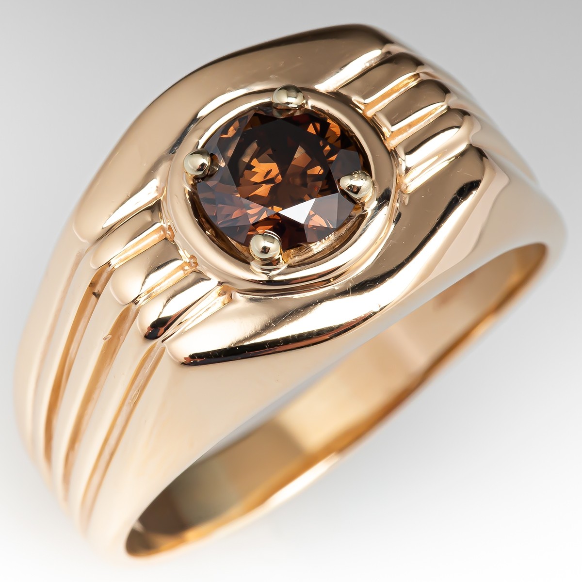 Mens Round Cut Brown Diamond Ring in 14K Yellow Gold