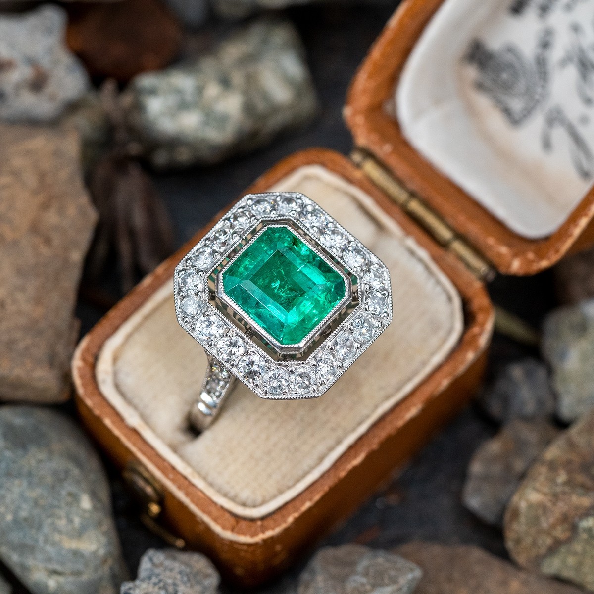 2 Carat Emerald Ring w/ Diamond Halo in Platinum