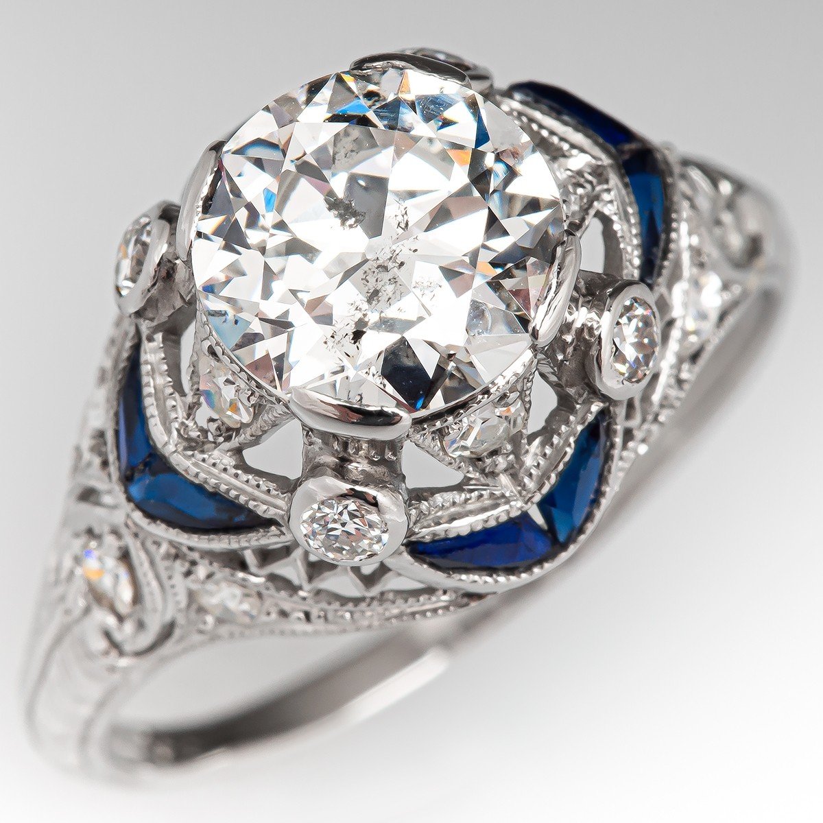 Detailed Antique 1920S Art Deco Diamond Engagement Ring W/Created Sapphires  1.55Ct G/I1 Gia