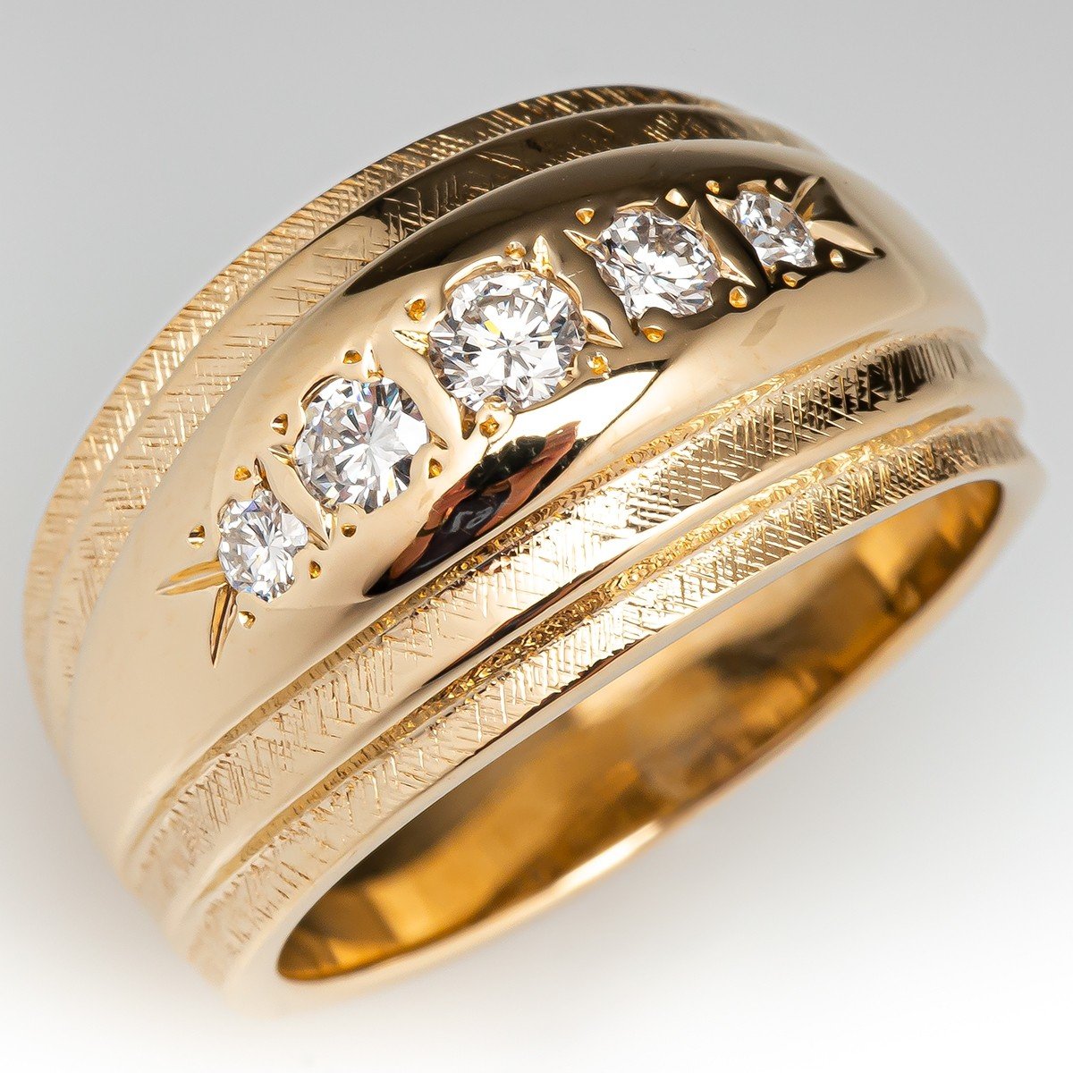 Wide Tapered Band Diamond Ring 14K Yellow Gold