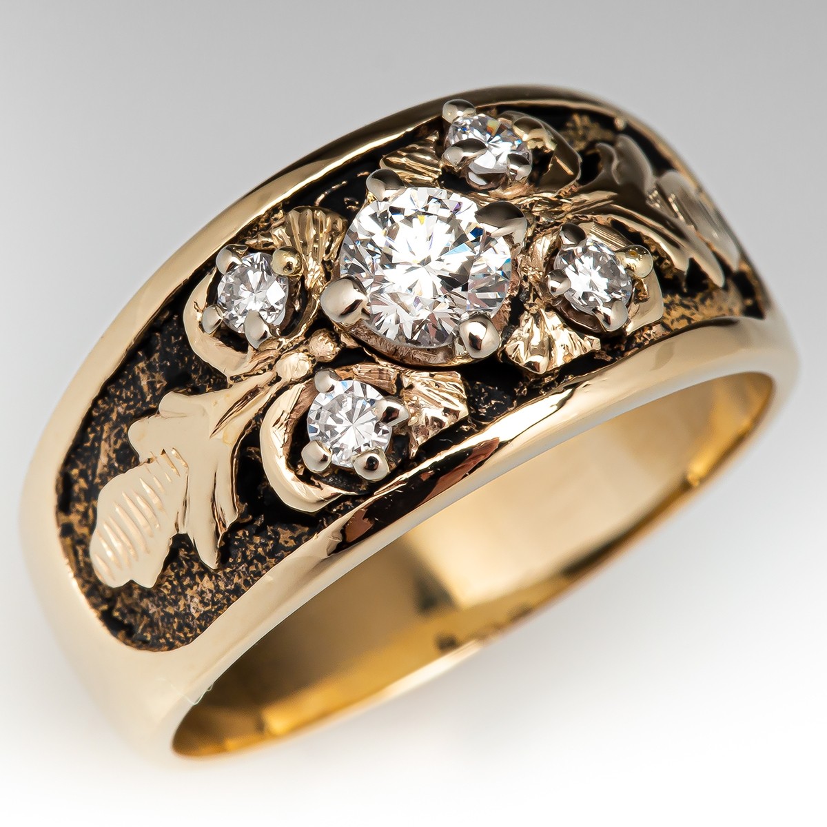 Vintage Diamond Band Ring Engraved Details 14K Yellow Gold w/ Black ...