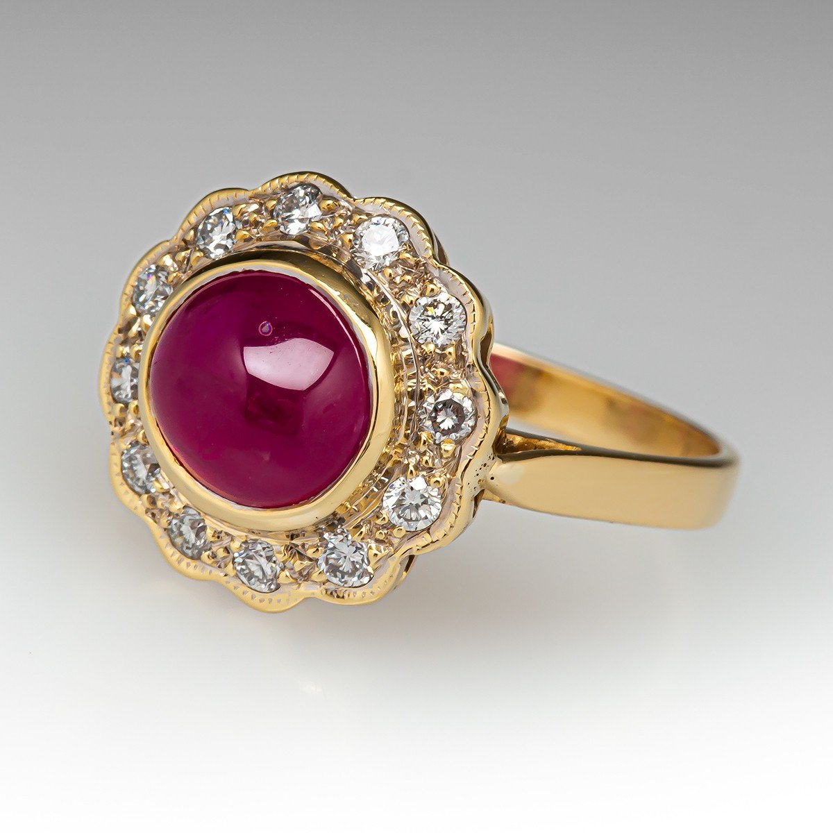 w/ 18K Ruby Diamond Gold Bezel Set Yellow Engagement Halo Ring
