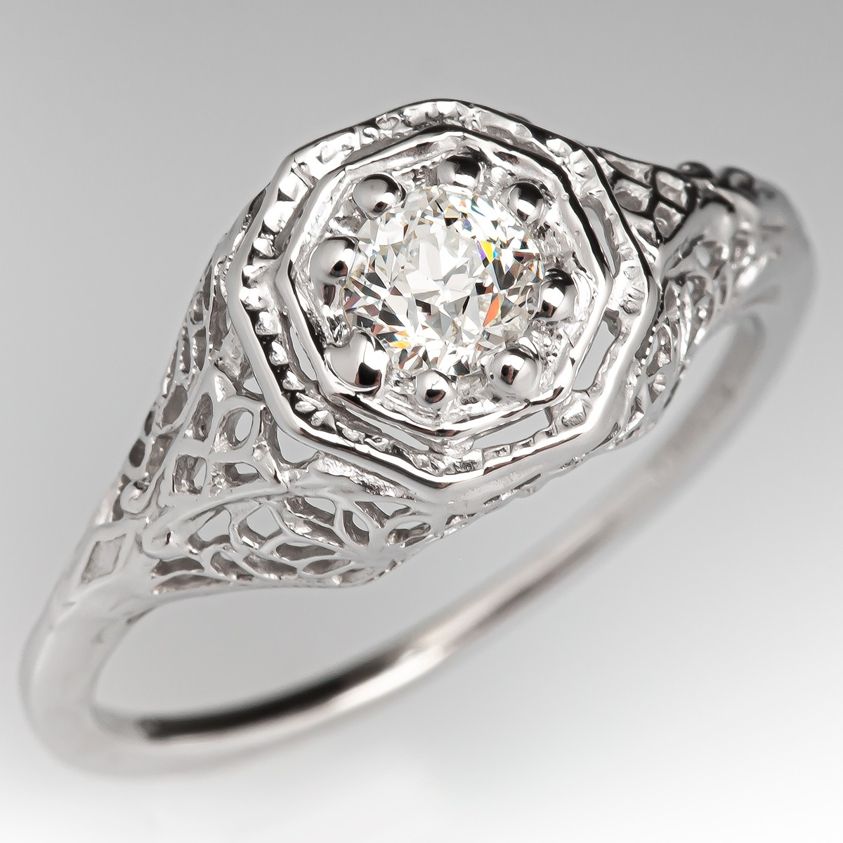 1930's Filigree Diamond Engagement Ring 14K White Gold .31ct I/VS1