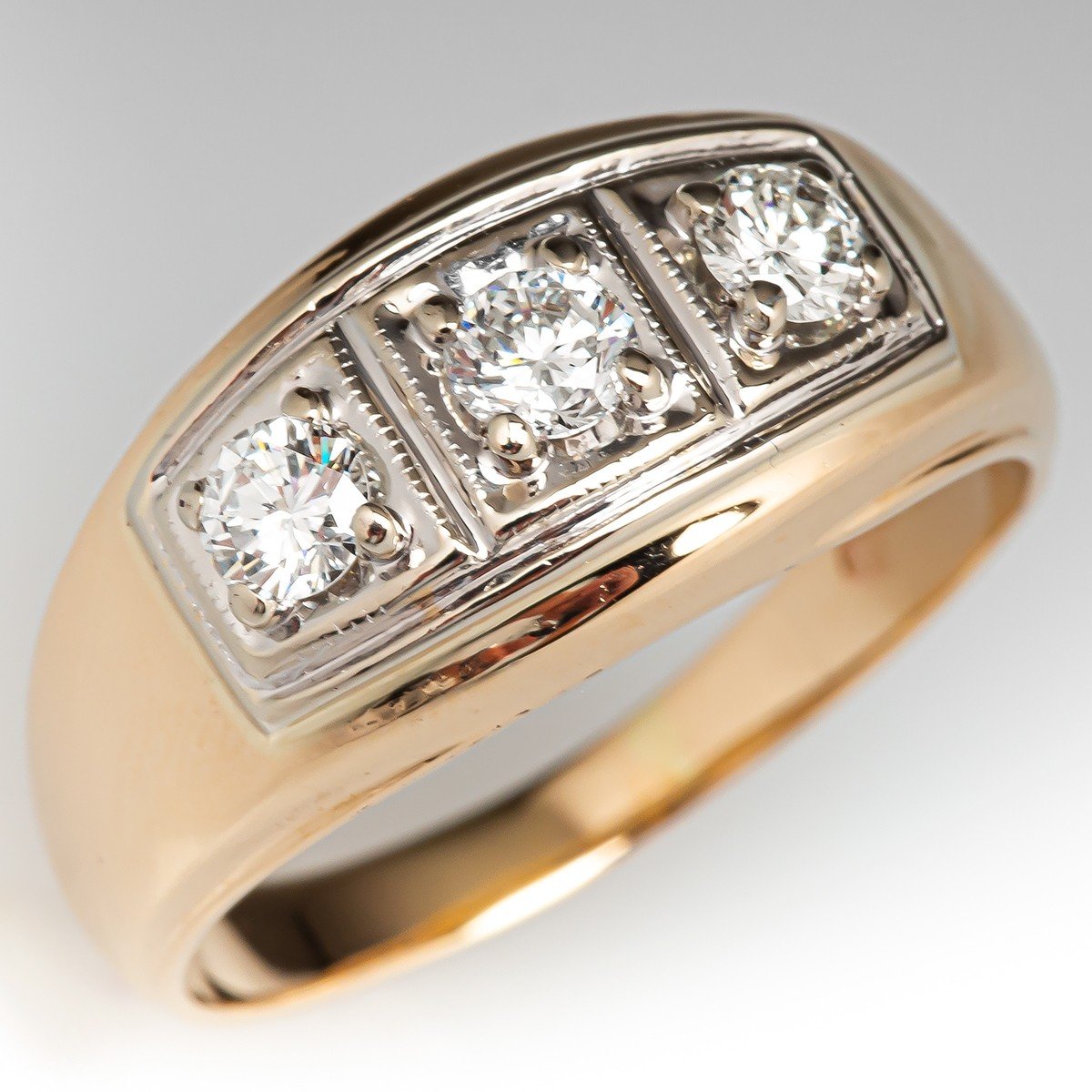 Men's Three Stone Diamond Ring 14K Two Tone Gold
