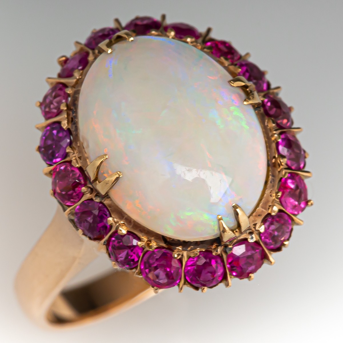 Opal & Ruby Halo Ring 18K Yellow Gold