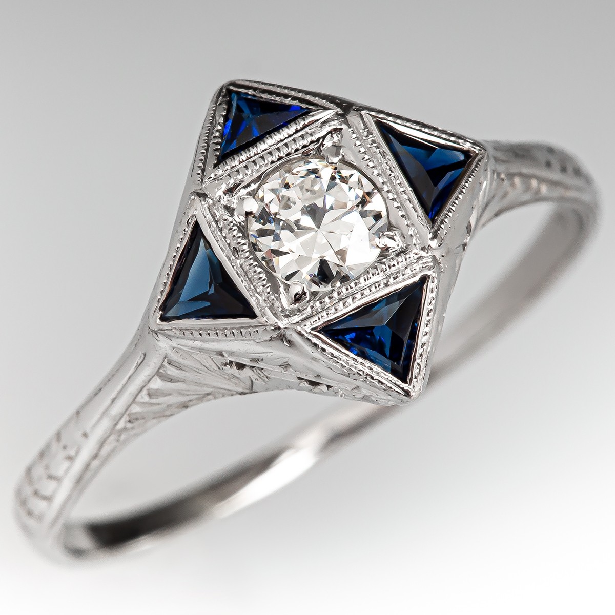 1930's Diamond Engagement Ring w/ Blue Accents 18K White Gold .20ct G/SI1