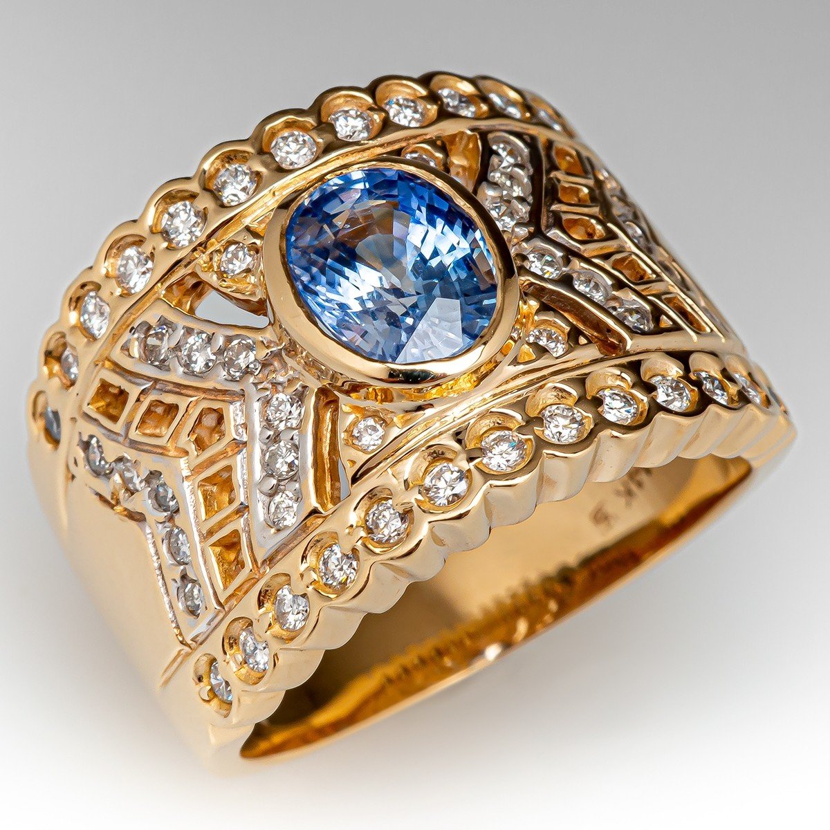 Pierced Design Sapphire & Diamond Wide Band Ring 14K Yellow Gold
