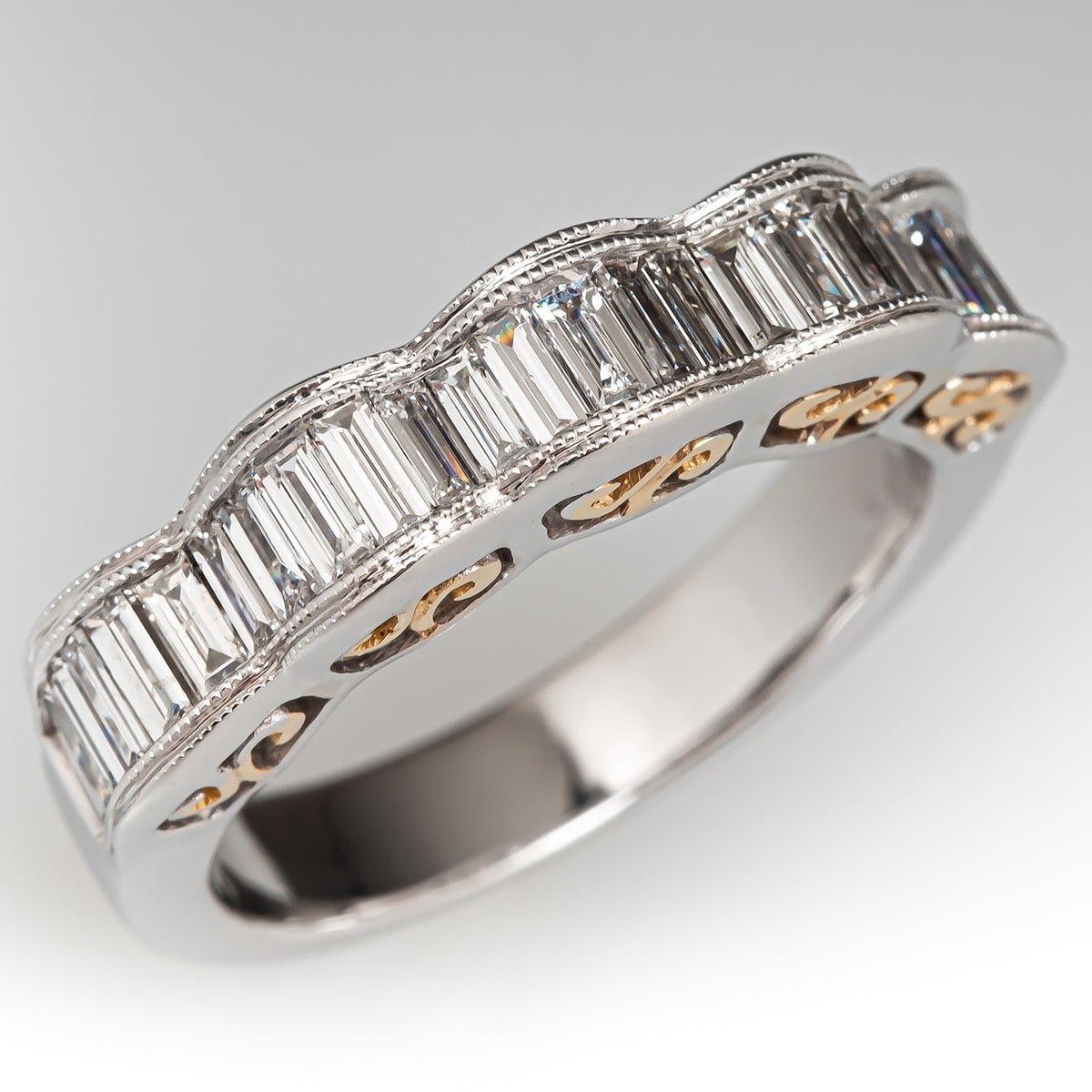 Baguette Cut Diamond Band Ring 14K Two Tone Gold