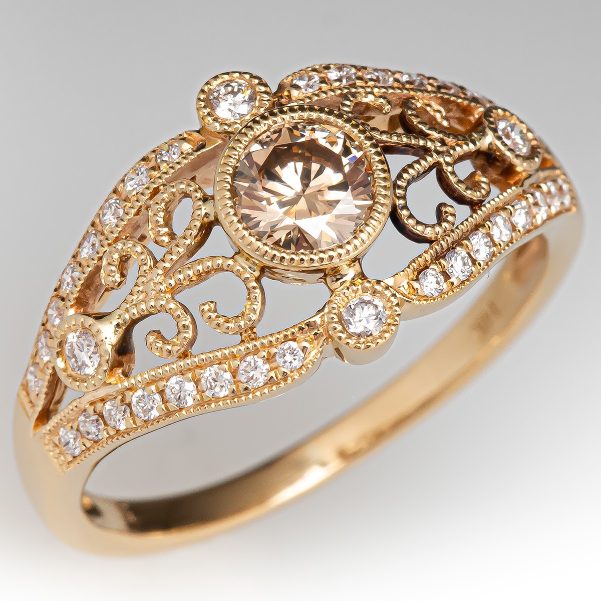 Lovely Bezel Champagne Diamond Ring 14K Yellow Gold