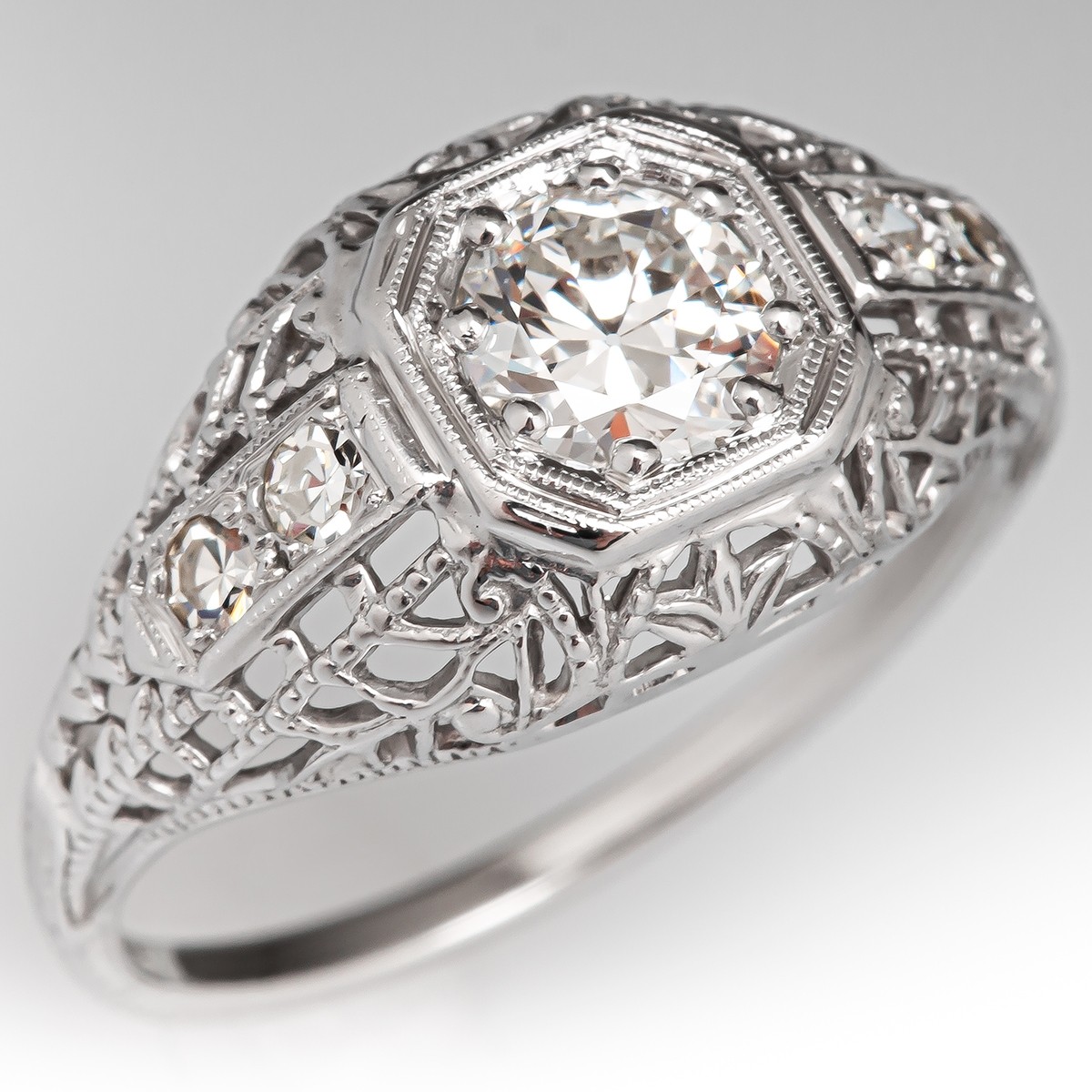 Antique 1930s Filigree Diamond Engagement Ring 18K White Gold