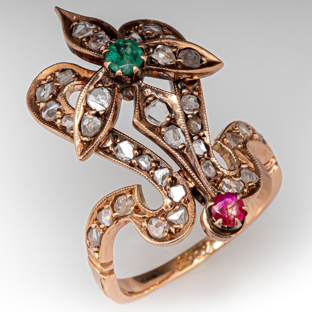 Ruby Emerald Diamond Twist 'One Heart' ring - 14K Rose Gold |JewelsForMe
