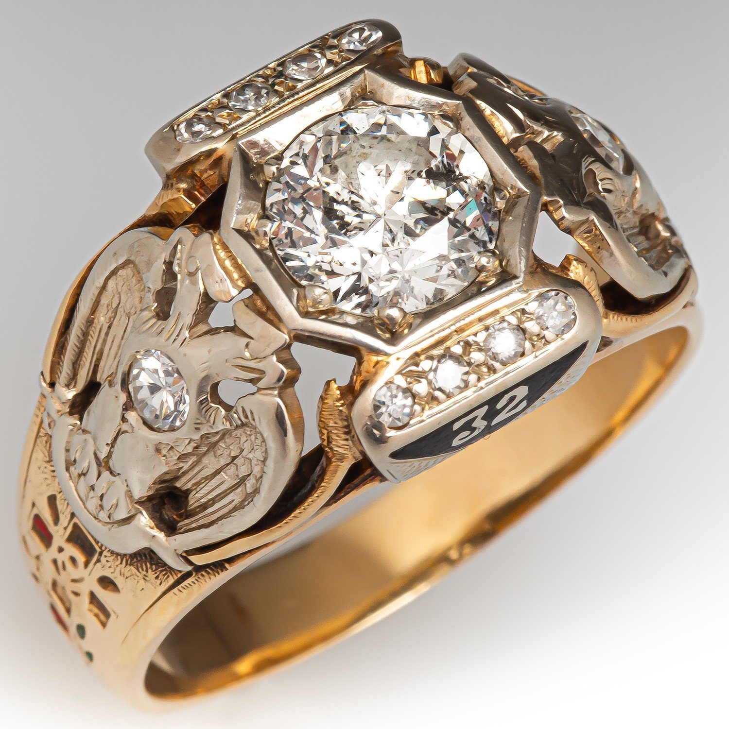 Handsome 32° Masonic Diamond Ring 14K Yellow & White Gold