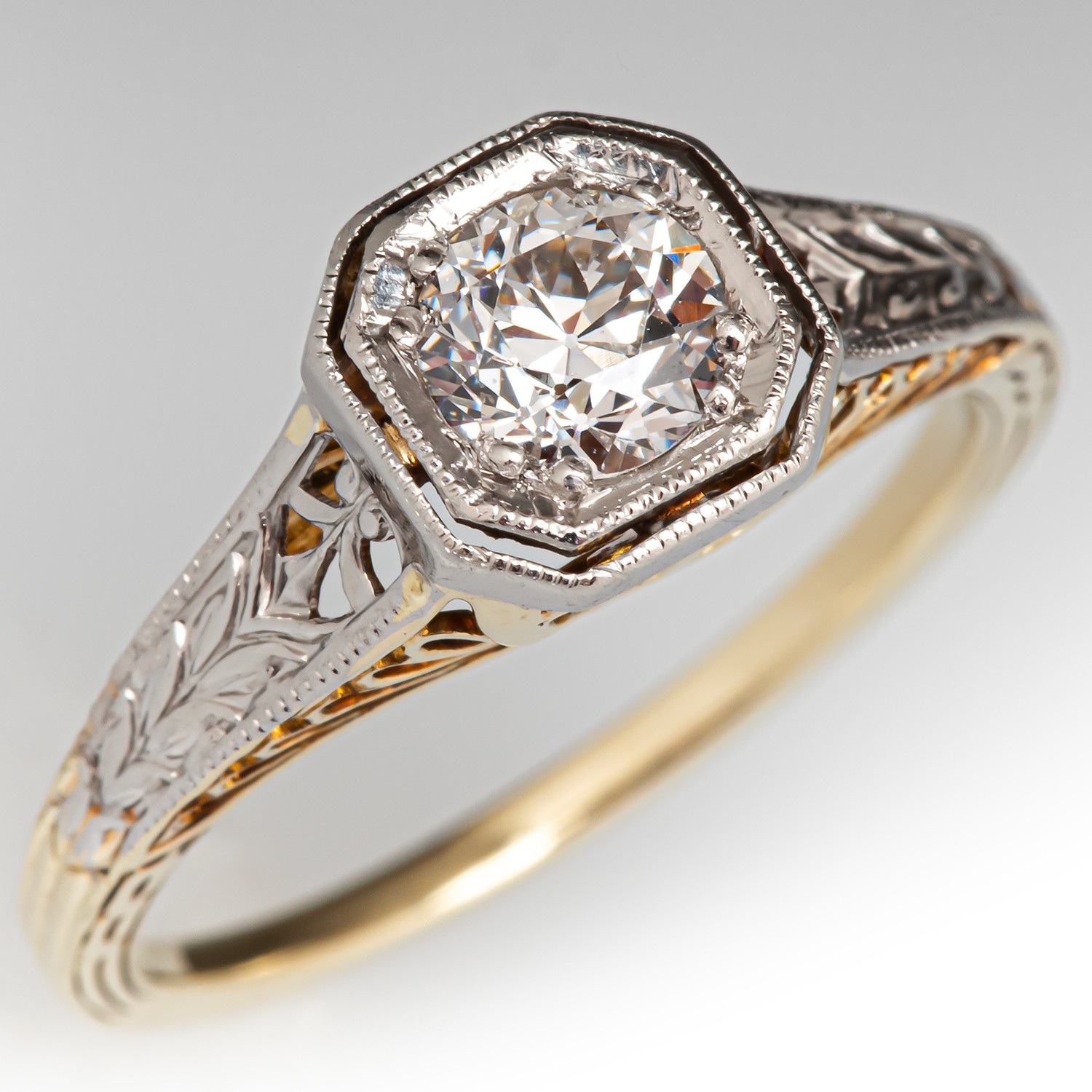 Circa 1920s Old Euro Diamond Ring 14K Yellow Gold/Platinum .52Ct F/SI1 GIA
