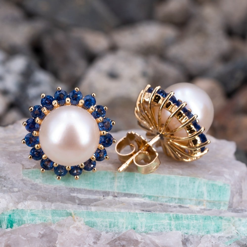 Beautiful Saltwater Pearl & Bright Blue Sapphire Halo Stud Earrings 14K