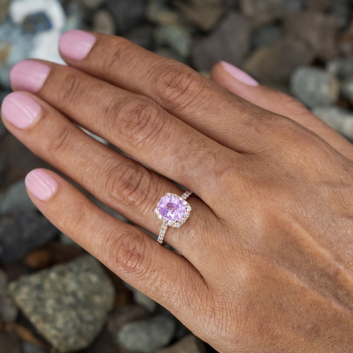 Pink Sapphire Halo Engagement Ring 18K Rose Gold