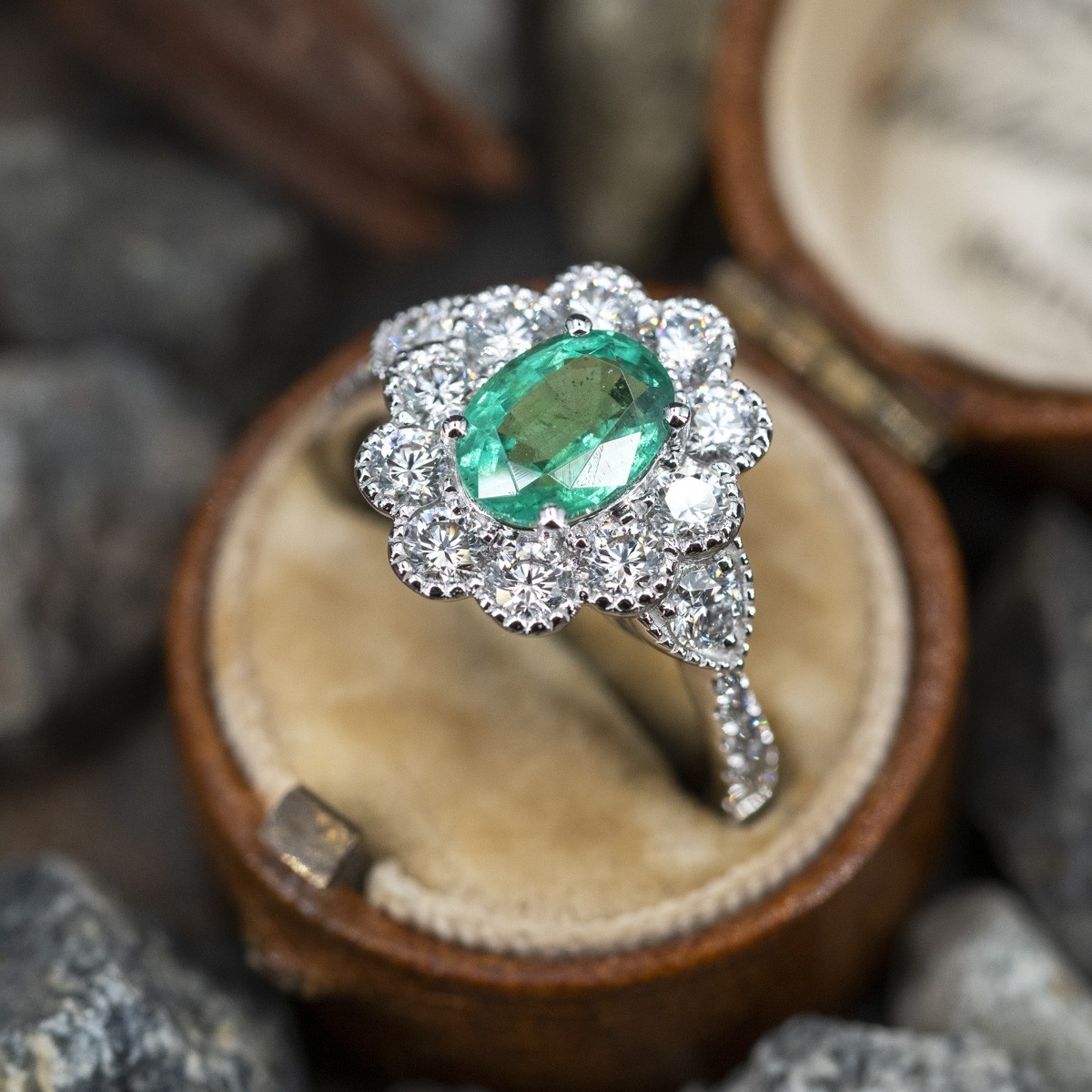 Oval Cut Emerald Ring w/ Diamond Accents 18K White Gold