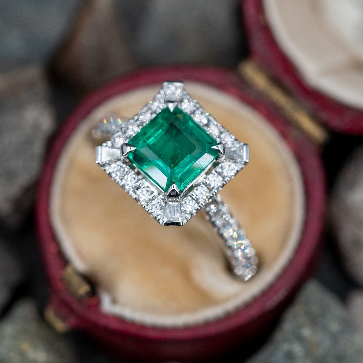 Square Emerald Ring w/ Diamond Accents 18K White Gold