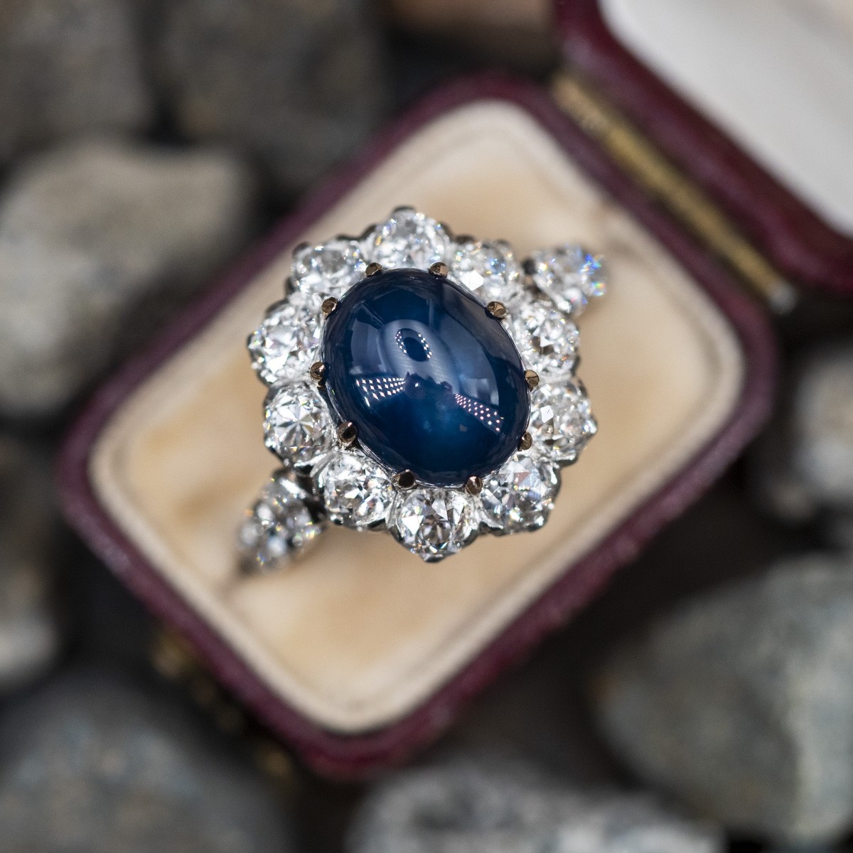 Blue Velvet : Vintage 1940s Sapphire Cabochon Ring with a White Spinel Halo  – Secret Histories