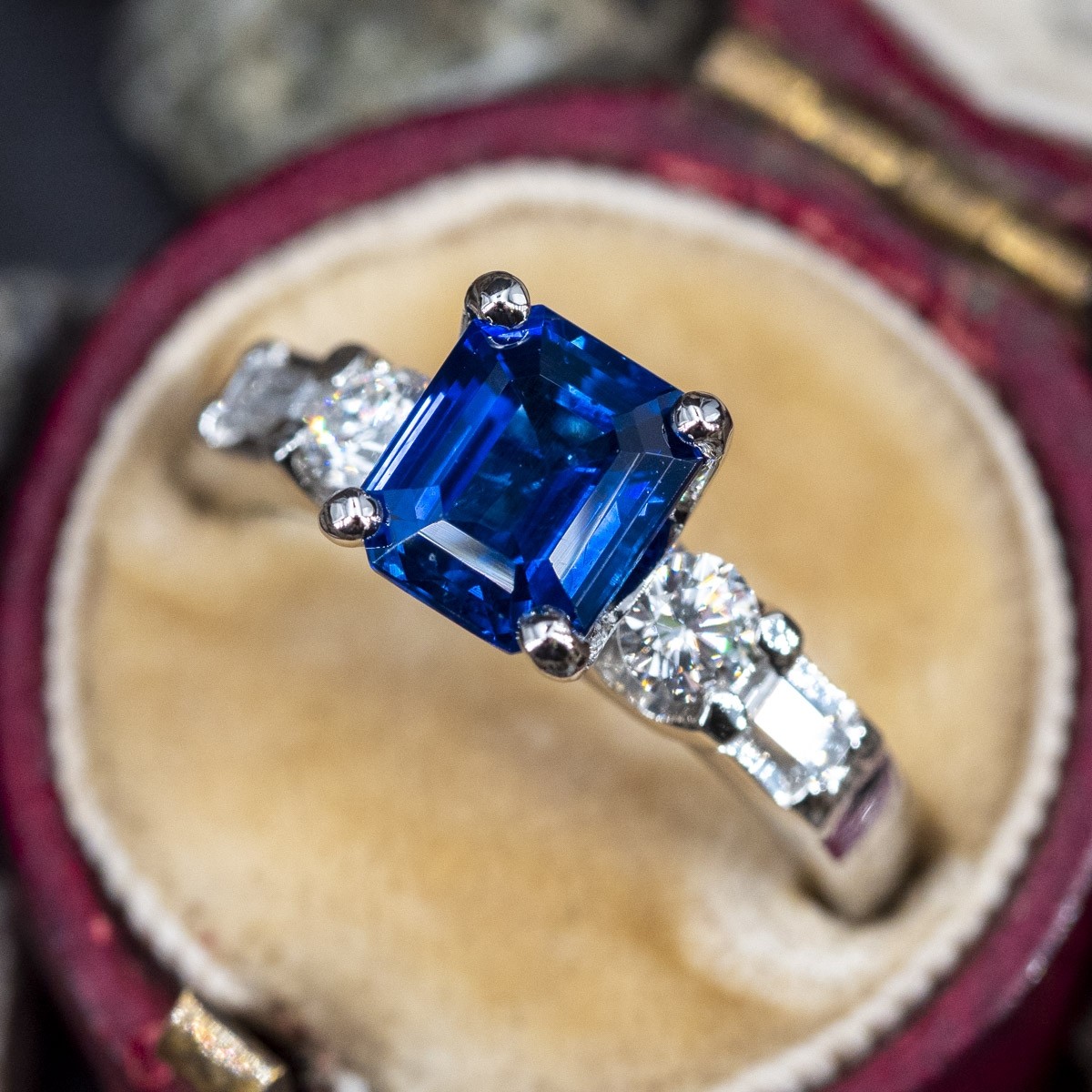 2 Carat Emerald Cut Blue Sapphire Engagement Ring Platinum